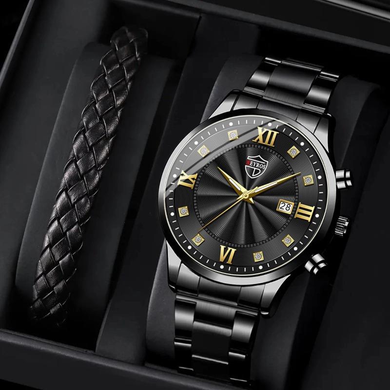 2pcs/set, Men's Fashion Stainless Steel Quartz Watch & Analog PU Leather Bracelet Set, Men's Gifts