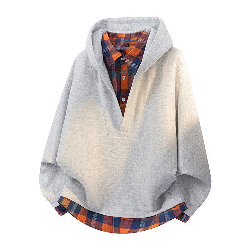 Unisex Plaid Patchwork V-Neck Hooded Sweatshirt
