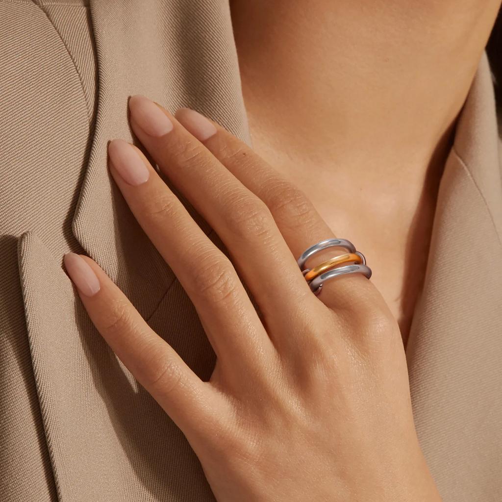 Multiple Layers Stainless Steel Gold Zircon Rings Women Polished Finger Ring Minimalist Fashion Jewelry