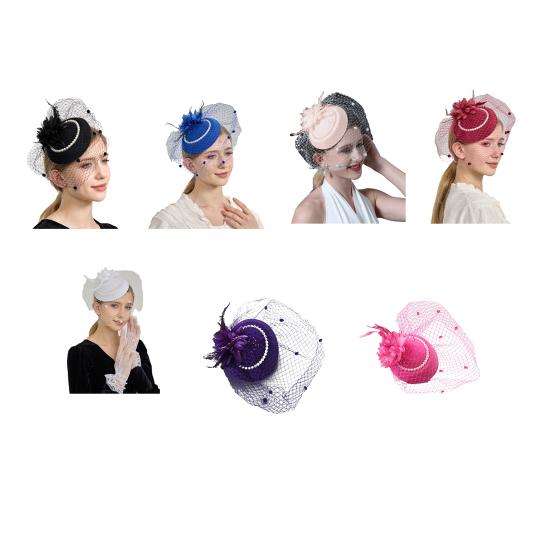 Top Hat Hair Accessories Faux Pearls Feather Flower Veil Decor Dance Headdress Fascinator Headpiece Fashion Accessory