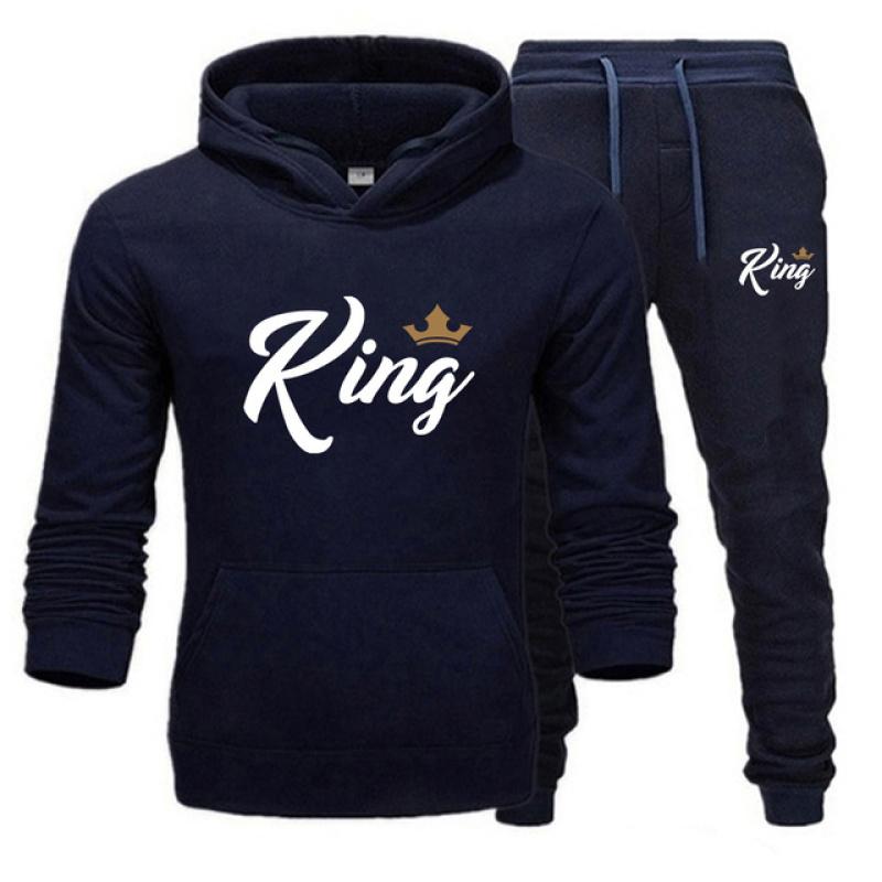 Толстовка для пар с принтом King/Queen и брюки/толстовка для мужчин и женщин, повседневный спортивный комплект для бега, спортивная одежда