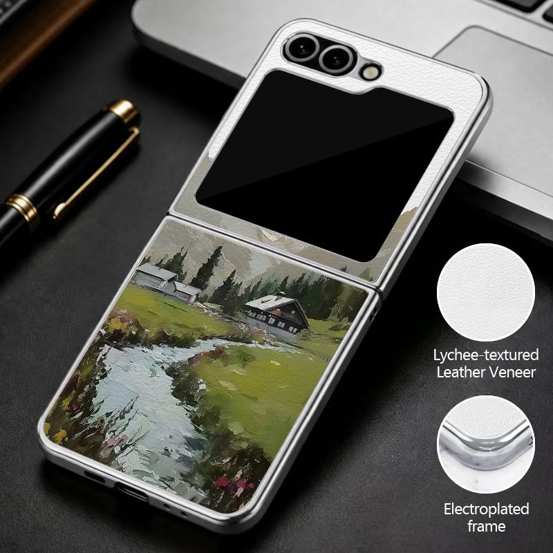 Кейс-Арт 'Горная Долина' для кемпинга для Samsung Galaxy Z Flip 8 7 FE 6 5 4 Z Flip8 Flip7 Flip6 Flip5 Роскошная Позолоченная Кожаная Накладка Чехол для Телефона