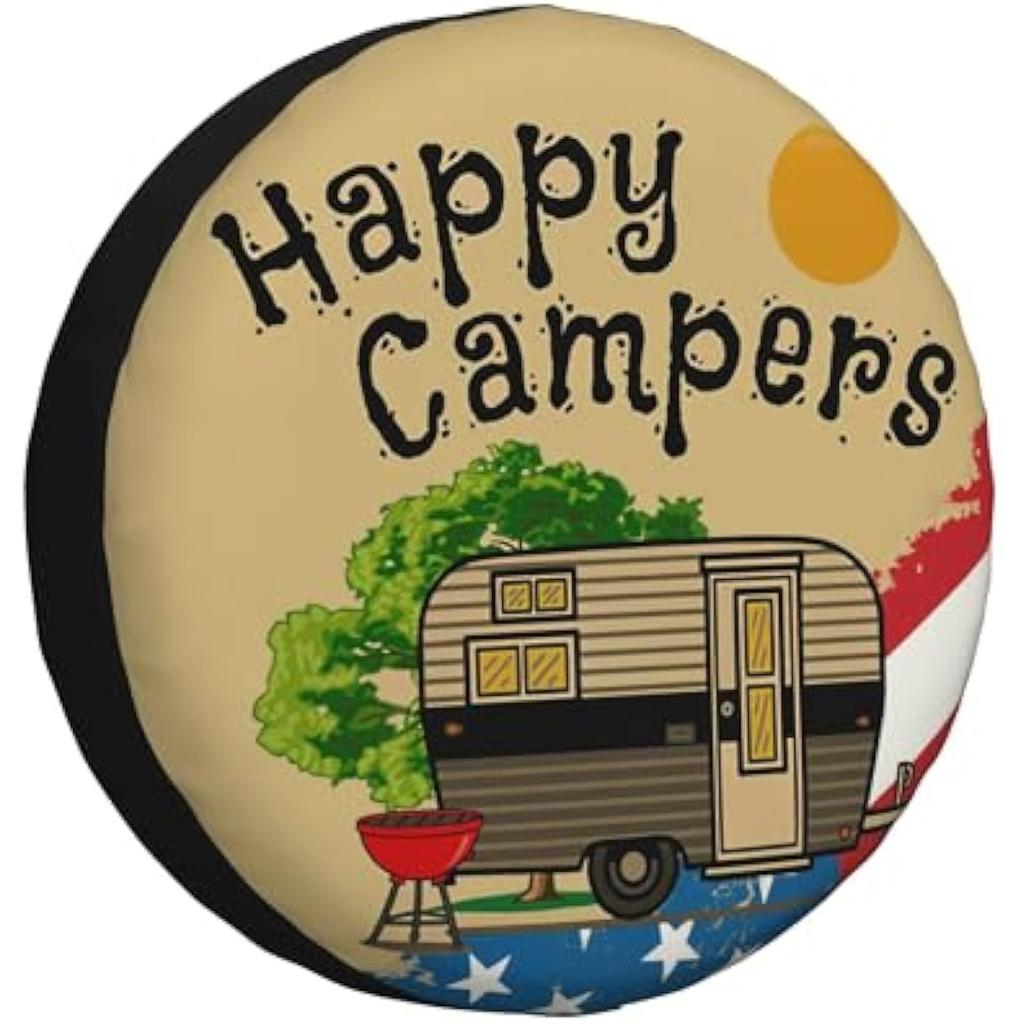 Happy Campers RV Spare Tire Cover Polyester Weatherproof Universal Wheel Protector for Camper Trailer