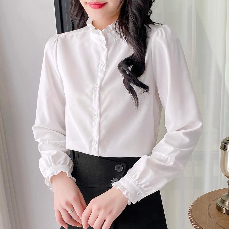 Женская рубашка с французским воротником-стойкой и оборками, с длинными рукавами, 2024
