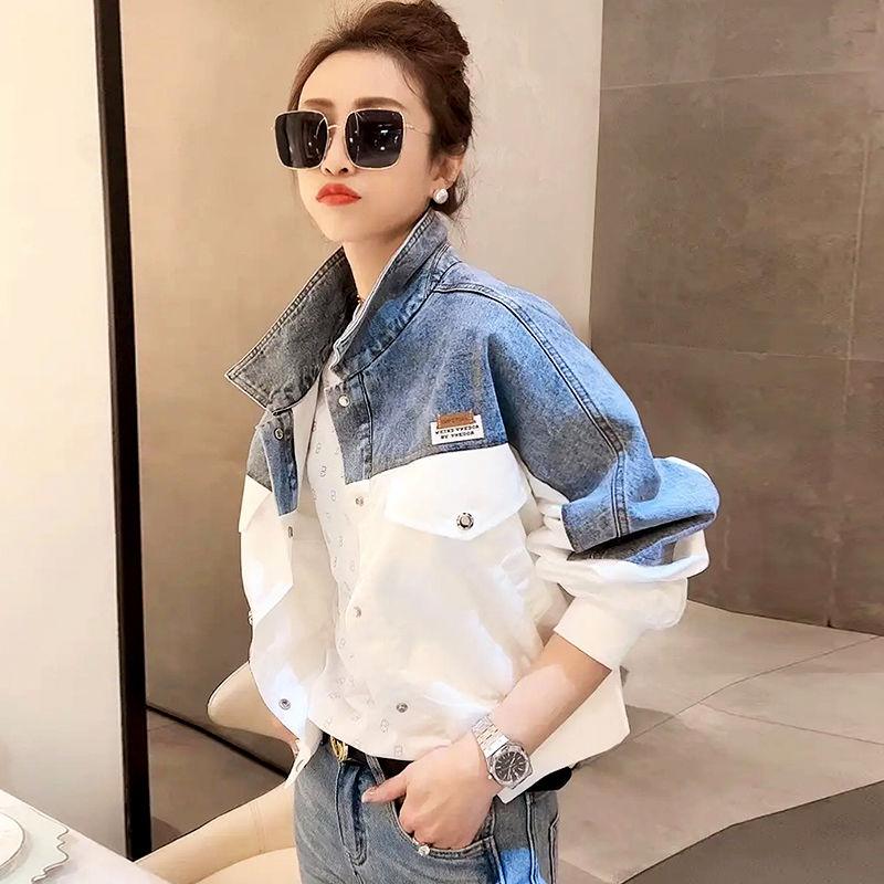 Fashionable Women's Denim Jacket with Contrasting Colors, Spring Autumn Patchwork Coat