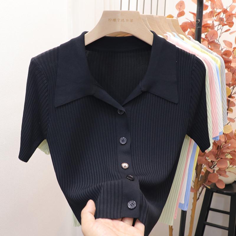 Women Summer Ice Silk Polo Collar Top Knitted Sweater T-shirt Top Unique Short-Sleeve Single-breasted Solid Color