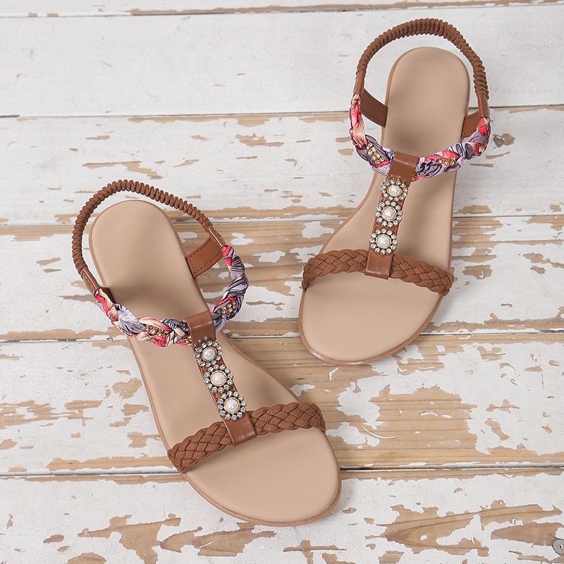 Summer String Bead Wedge Sandals 2025 New Women's Shoes Elastic Band Women's Sandals Fashion Color Matching Casual Sandals Women