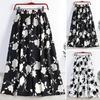Women Skirt Elastic High Waist A-Line Skirt Rose Flower Print Midi Skirt with Pleated Hem Work Leisure Daily Wear
