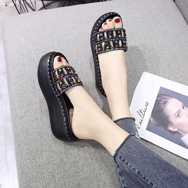 6cm High-heeled Rhinestone Slippers Women Summer Wear All-match Rivets Thick-soled One-word Drag High-heeled Shoes Crystal Sequins