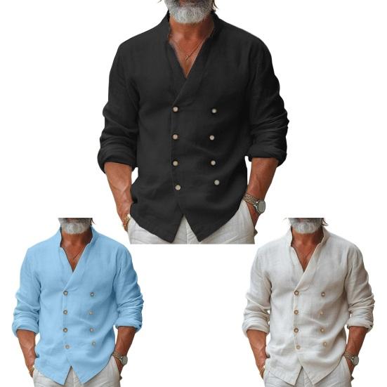 Fall Spring Men Shirt Double-breasted Stand Collar Cardigan Long Sleeves V Neck Loose Mid Length Casual