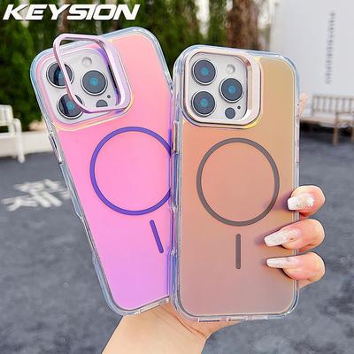 KEYSION Цветной градиентный чехол-подставка с магнитной крышкой для линз для iPhone 14 15 Pro Max 15 Plus для MagSafe TPU+PC Ударопрочная задняя крышка