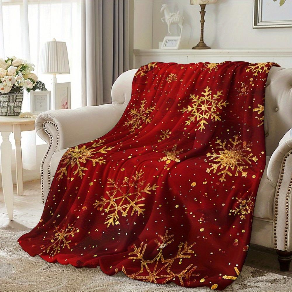 Cozy Vintage Christmas Blanket with Golden Snowflakes - Soft, Warm Flannel Throw for Naps, Camping, Travel & Home Decor