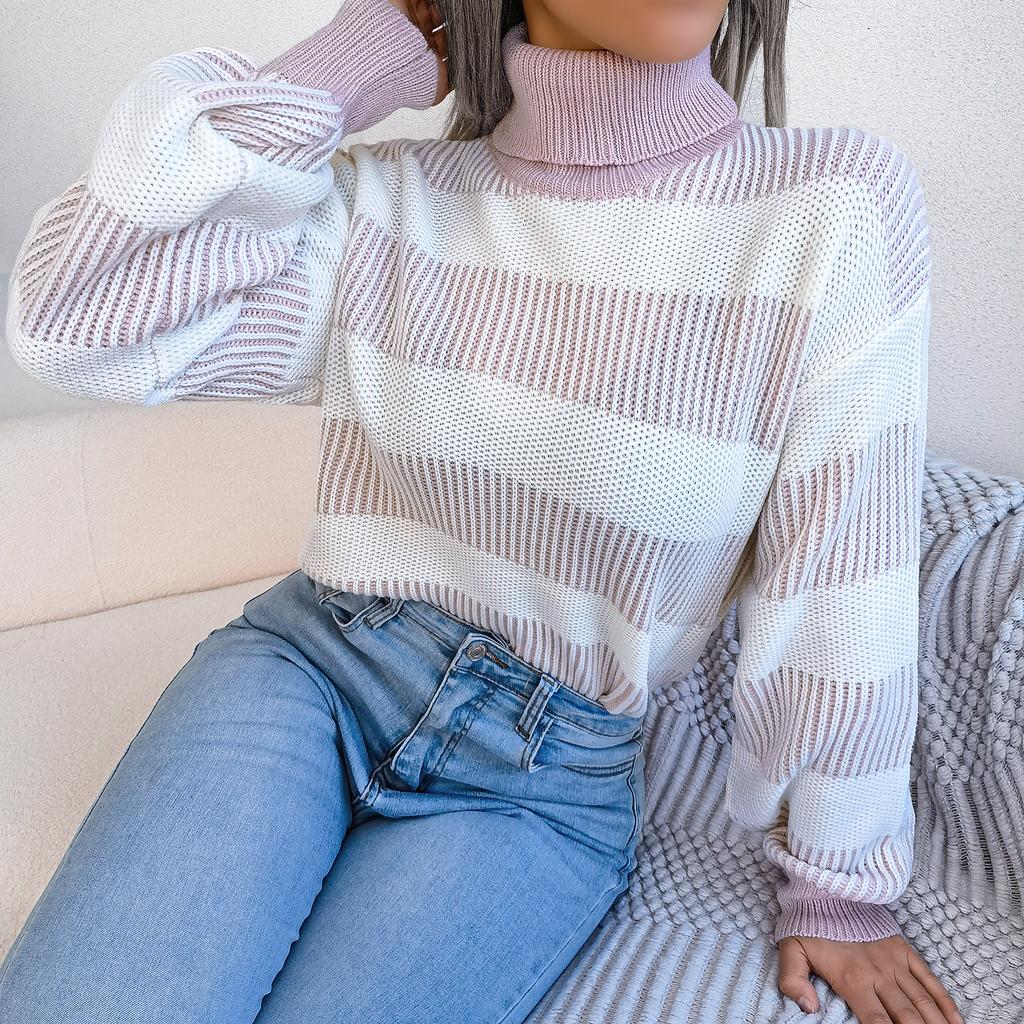 GMXIA Женская мода, повседневный осенне-зимний свободный свитер с длинными рукавами и высоким воротом в уличном стиле, полосатый свитер с рукавами-фонариками