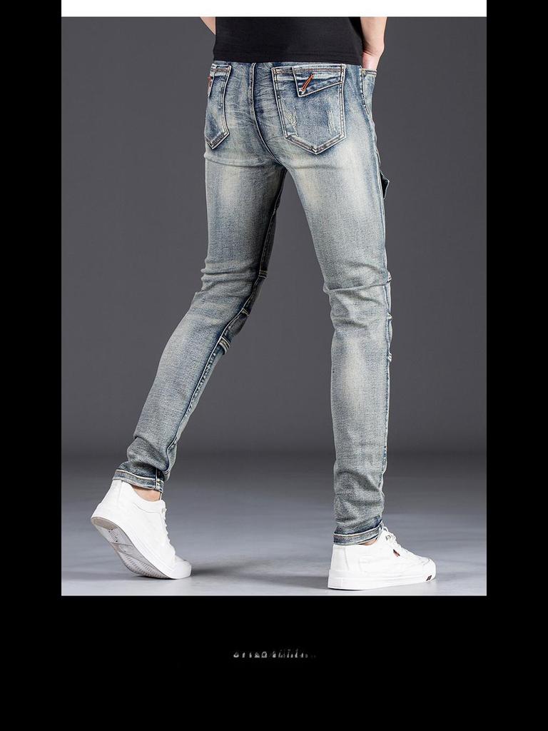 Ностальгические синие эластичные узкие джинсы в мотоциклетном стиле для мужчин - облегающие брюки из денима с модной строчкой