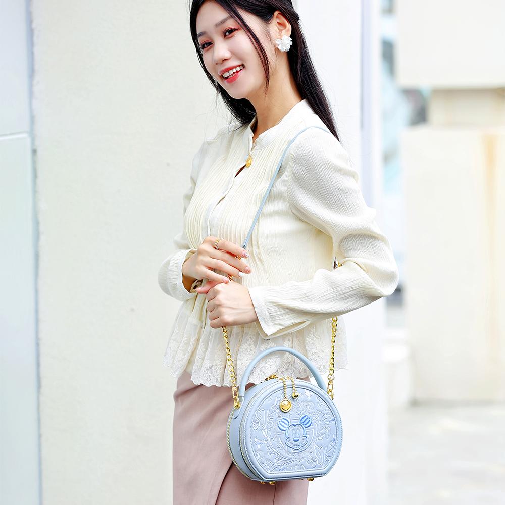 New Disney Mickey Series PU Small Round Bag, One Shoulder Handbag Women's Sky Blue/Milk White BMK-71581L