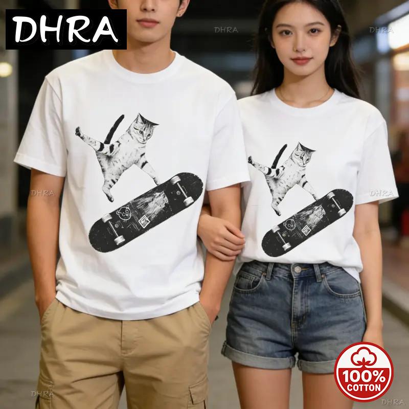 Vintage Cat Graphic Tee For Skater Emo Style Lovers Cute Funny Kitten Artwork Unisex Soft 100 Cotton Loose 2026 Summer Tshirt