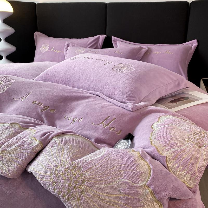 Four-piece Set of Embroidered Thickened Thermal Fleece Quilt Cover Sheets and Bedding