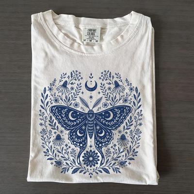 Retro Witchy Moth Moon Phases Shirt, Celestial Floral Tee, Cottagecore Top