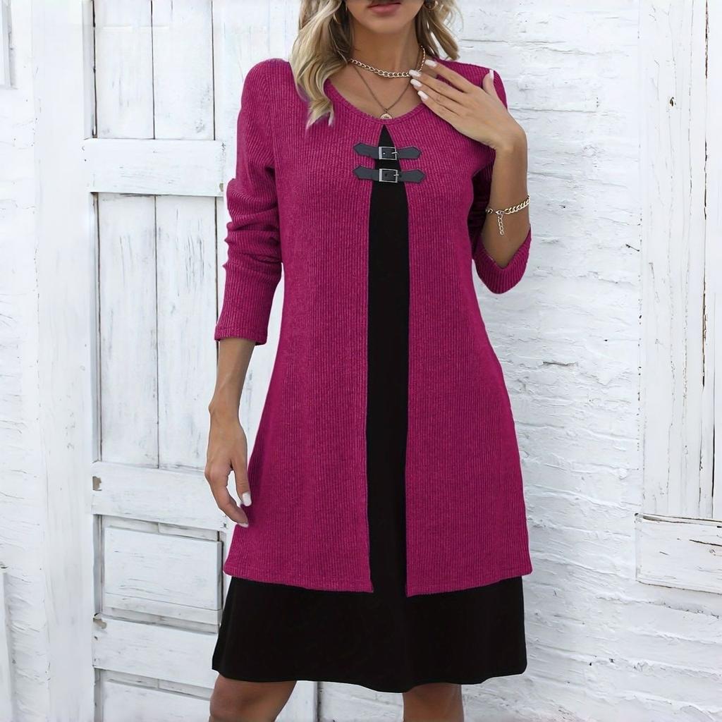 Женское цельное платье с цветными блоками, круглым вырезом, длинными рукавами и застежкой на пуговицы, повседневное элегантное платье