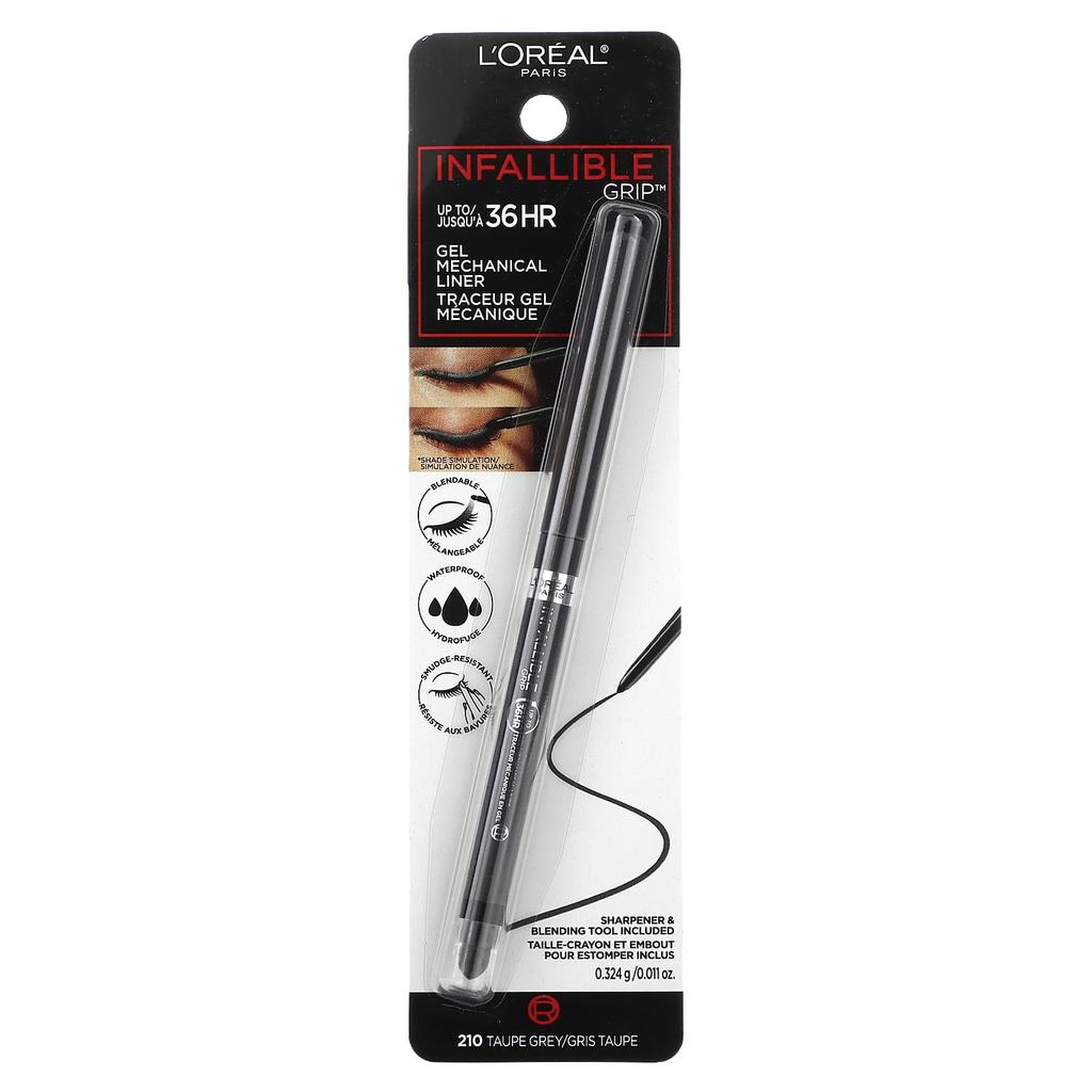 L'Oréal, Sure Grip, Механический гелевый лайнер 36 часов, 210 Серо-коричневый, 0,011 унции (0,324 г)