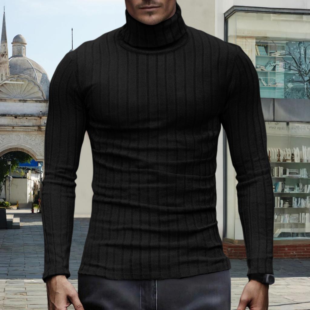 Men's Pullover Mock Neck Long-Sleeve Top - Comfortable Daily Solid/Stripe Basic Base Layer