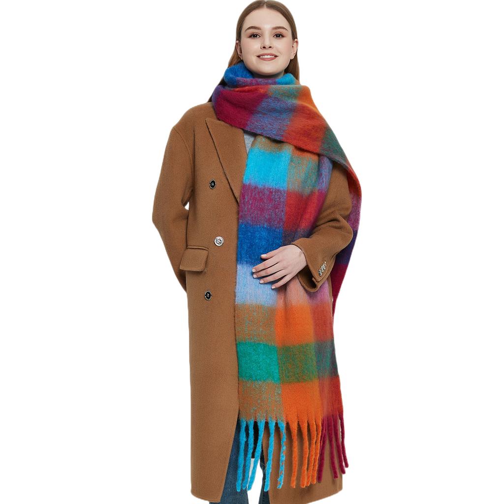 Autumn and Winter New Thickened Shawl Imitation Mohair Coarse Whiskers Colorful Plaid Scarf