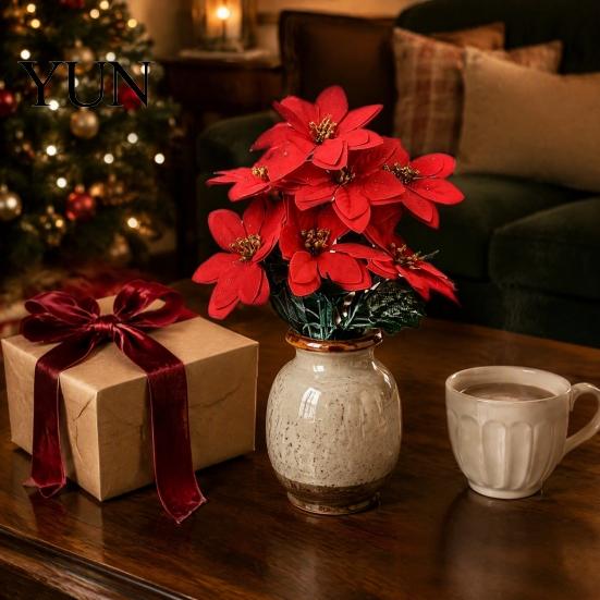 Faux Floral Arrangements for Holiday Decor Artificial Poinsettia Flowers, Christmas Red Bouquet with Berries, Silk Maintenance Free Plant Stems Table
