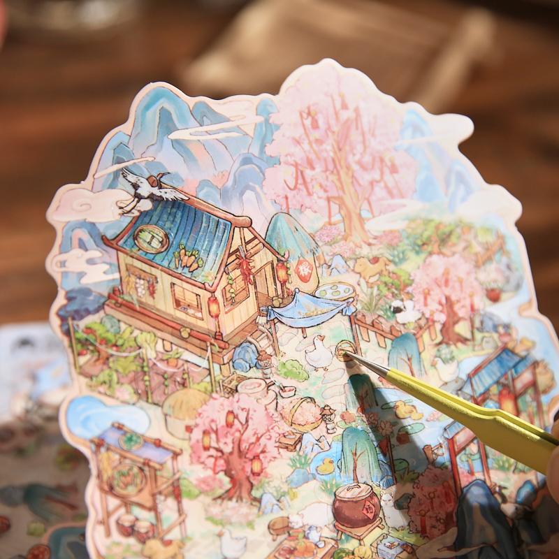 4 шт. ПЭТ Пейзажная плоская наклейка Рейтинг Национальный стиль Бумага для справочника Материал Пейзажный рейтинг Пакет Веселая бумага Канцелярские товары