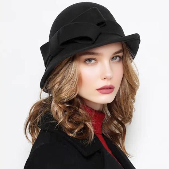 Женская шляпа-ведро из шерстяного фетра, винтажная шляпа-клош, федора, женская шляпа-котелок с бантом, зимняя, свадебная, для церкви, джазовая кепка