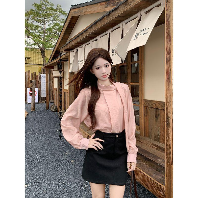 Kumikumi Gentle Design Ribbon Long Sleeve Shirts Women Autumn Loose Slimming Temperament Pink Top
