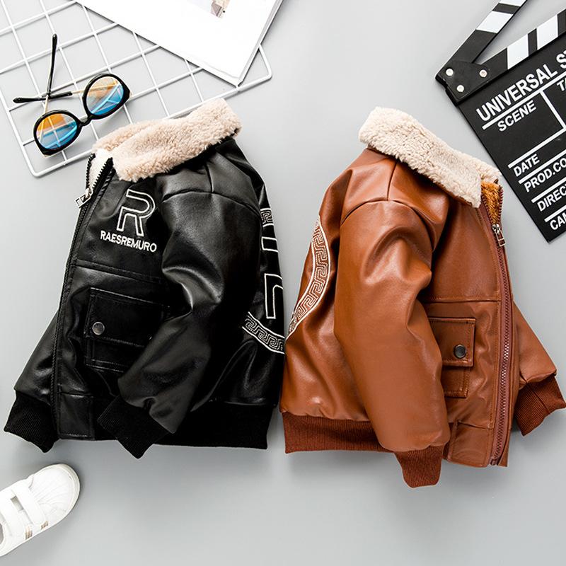 Boy's Plush Thickened Leather Coat Children's Autumn and Winter Leather Jacket Handsome Coat