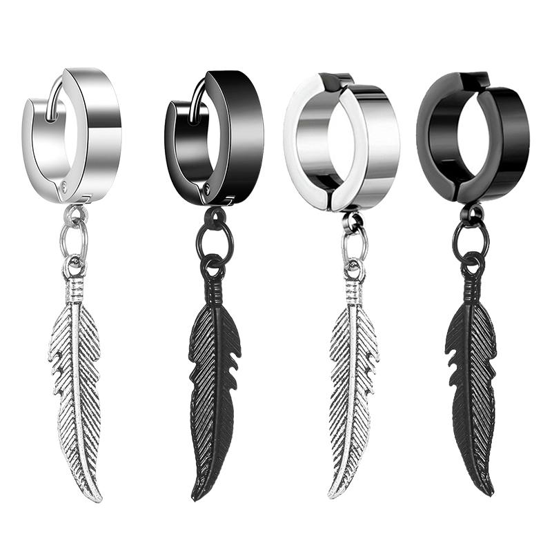 2pc Simple Feather Pendant Ear Studs Man Women Stainless Steel Earrings Unisex Fashion Personality Ear Jewellery Accessorie