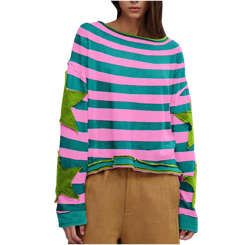 Womens Oversized Sweatshirt Graphic Sweater Long Sleeve Drop Shoulder Round Shirt Tops Vintage Clothes