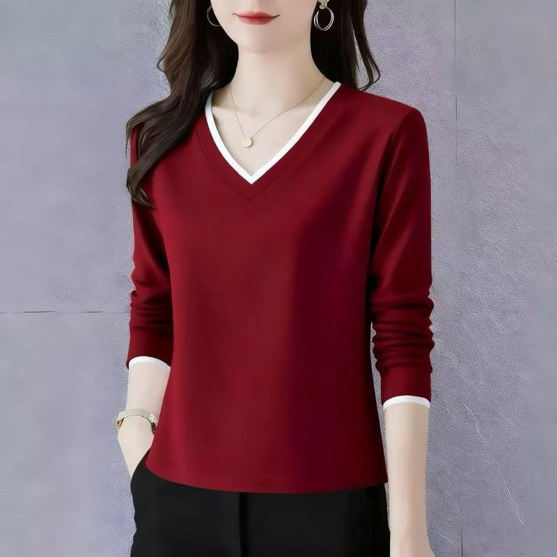 Pure Cotton Long-sleeved T-shirt Women's V-neck Bottoming Shirt Autumn New Style Loose Casual Top