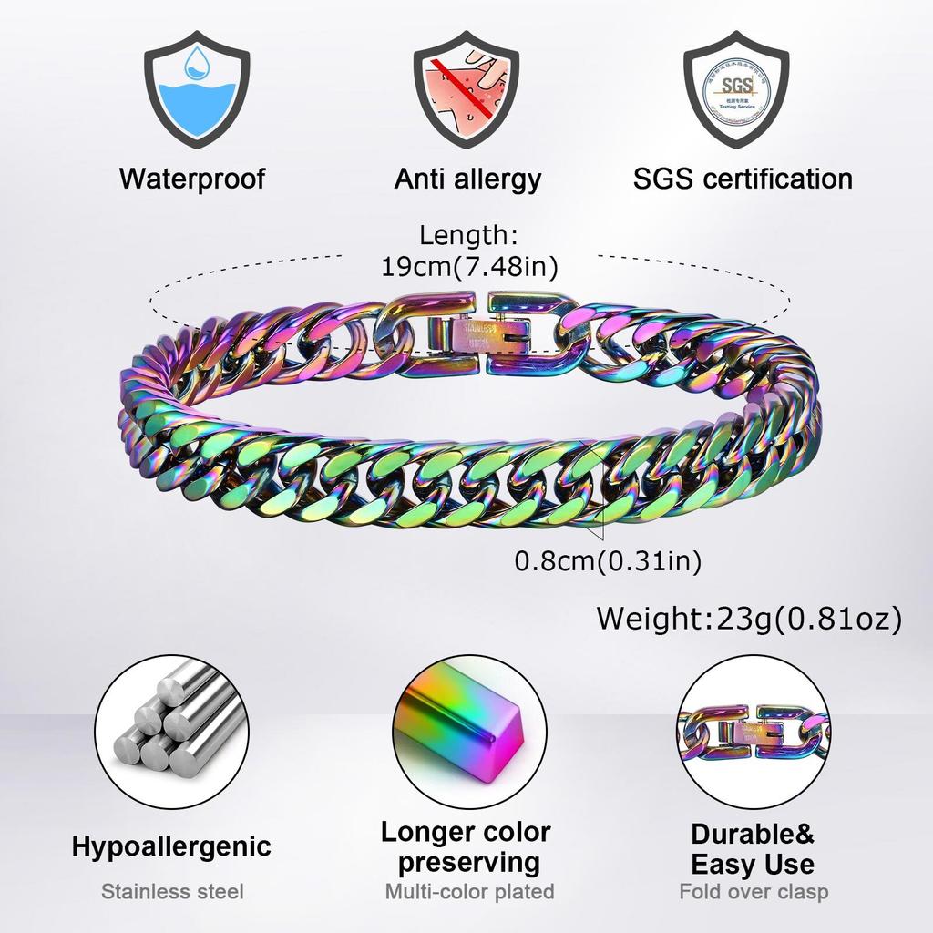 8mm/10mm/12mm Cuban Link Stainless Steel Man Bracelet Rainbow Colored Square Link Wristband Jewelry Gift for Dad Valentine's day