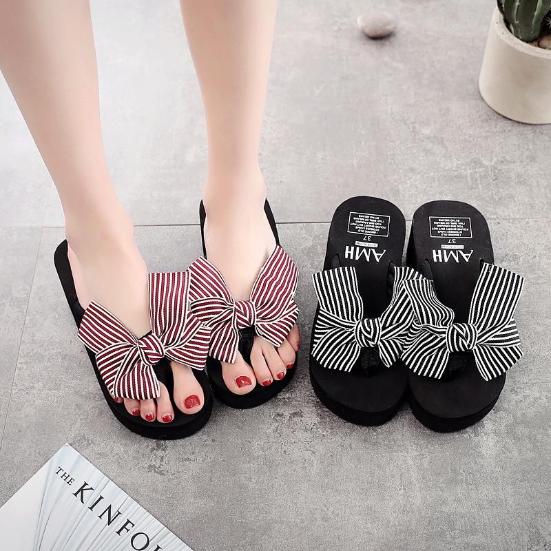 Summer Slippers 6cm High Heels Beach Flip-flops Cute Fashion Bow Over Flip-flops