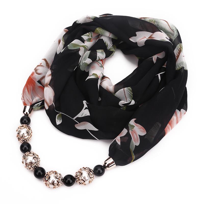 Floral Print Scarf Necklace with Beaded Chain – Elegant Women’s Fashion Jewelry & Versatile Infinity Scarf