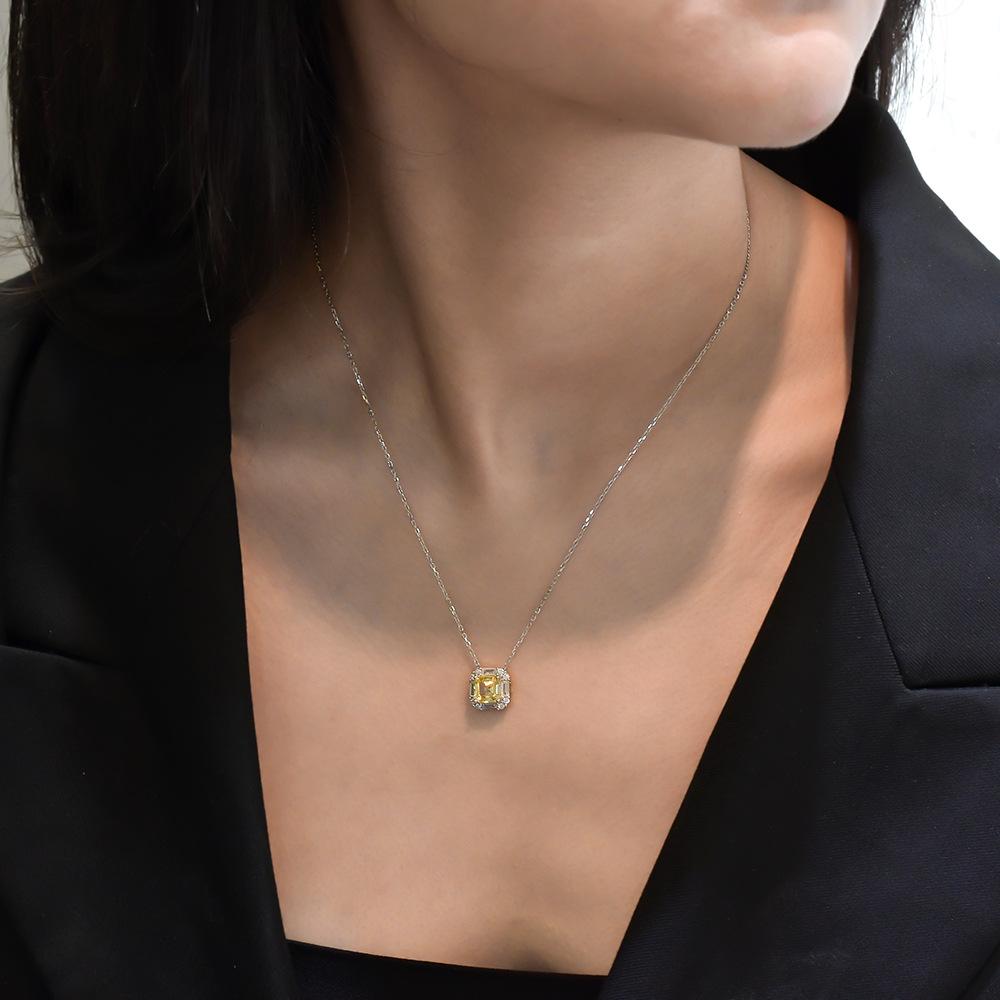 Ожерелье из стерлингового серебра 925 пробы с желтым бриллиантом для женщин, квадратная скошенная цепочка на ключицу из высокоуглеродистого алмаза 7*7