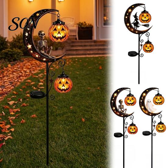 Outdoor Decorative Metal Stakes Solar Halloween White Ghost Pumpkin Moon Garden Stake Light, Waterproof LED Crescent Cat Lanterns Yard