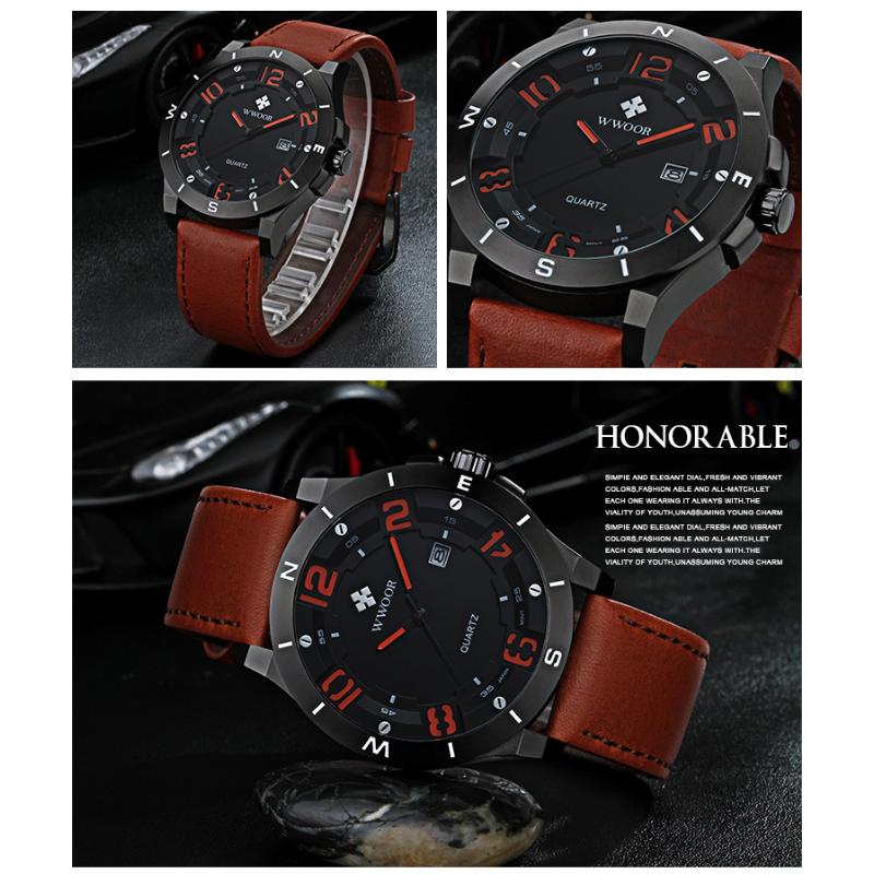 WWOOR Спортивные мужские часы с кожаным ремешком Матовый черный корпус с календарем Водонепроницаемые кварцевые часы