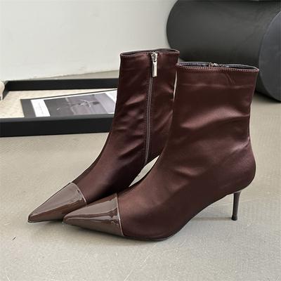 Сексуальные шелковые ботильоны на тонком низком каблуке с острым носком, женские туфли для вечеринок, модные элегантные весенние лаконичные короткие ботильоны на молнии