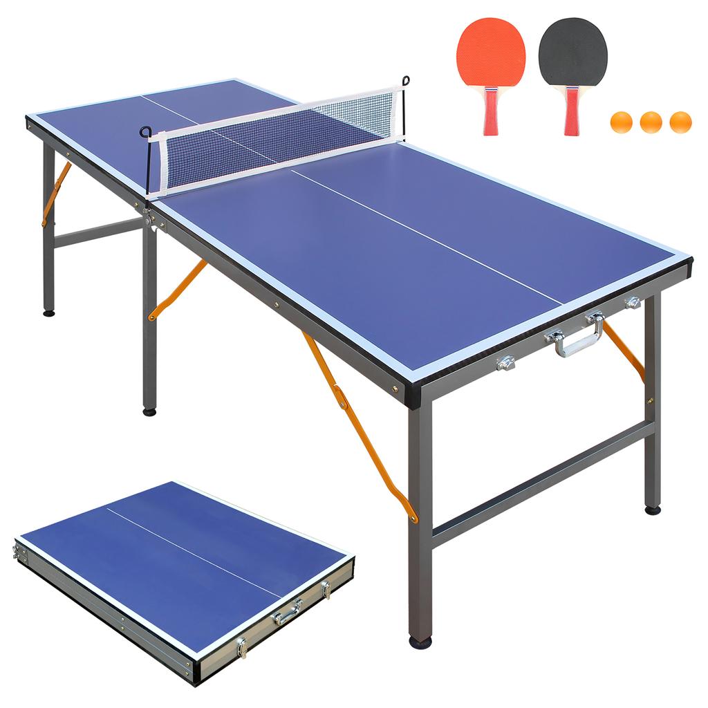 Foldable table tennis table with net and bat set, suitable for outdoor/indoor use, blue surface, includes 2 bats and 3 balls, stable 6-leg design