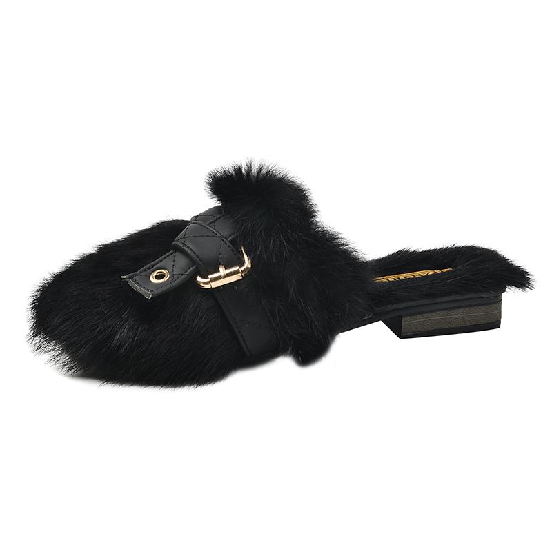 Зимние Новые Тапочки Баотоу Женские Круглый Носок Плюшевые Глубокий Вырез Заклепки Мягкая Подошва Противоскользящие Износостойкие Плоские Туфли