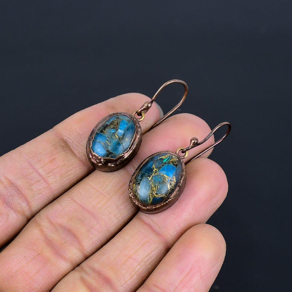 Медные серьги с апатитом неонового синего цвета, гальванопластика медью, украшения ручной работы с драгоценными камнями, подарки для жены, совершенно новые серьги