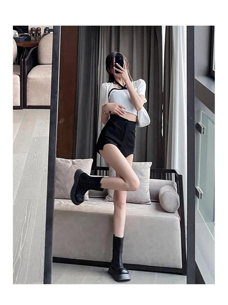 2025 Summer High-Waist Irregular Design Black A-Line Women's Casual Shorts