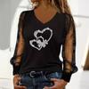 Women's Black Hot Diamond Round Neck Mesh Long Sleeve T-Shirt