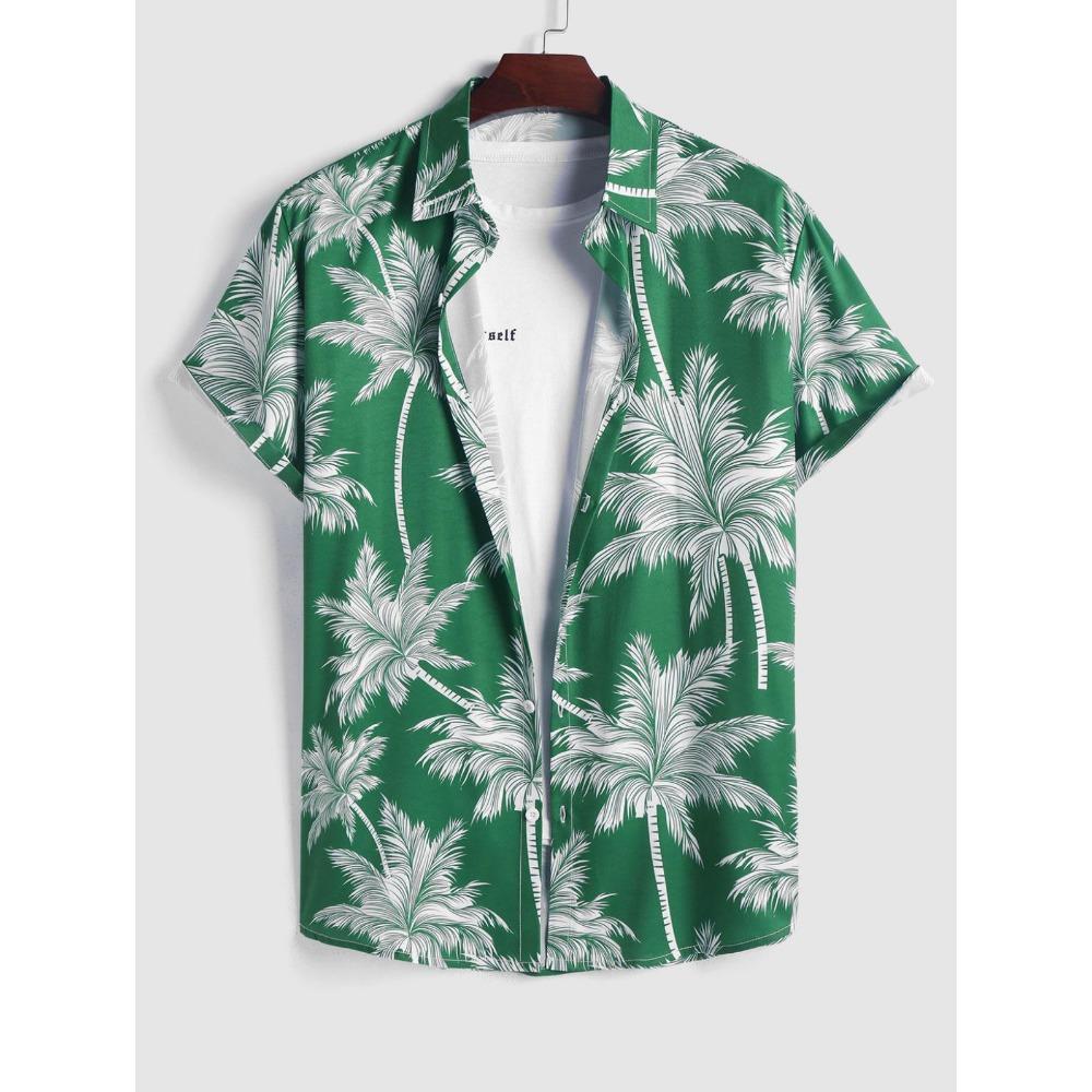 Tropical Coconut Tree Pattern Men's Short Sleeve Button Down Lapel Shirt For Summer Resort Holiday Hawaiian Style Oversized Tops