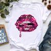 2024 Hot Sale Black T Shirt Unisex Pink Glitter Lips Graphic Print Tshirt Femme Luxurious Makeup Sexy Tshirt Haut Femme