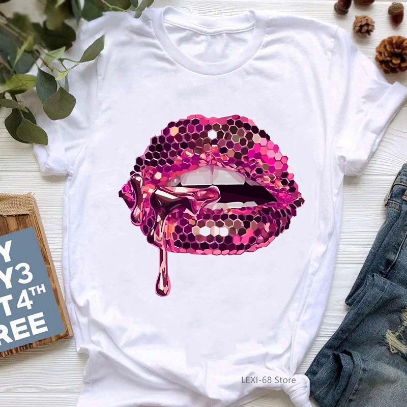 2024 Hot Sale Black T Shirt Unisex Pink Glitter Lips Graphic Print Tshirt Femme Luxurious Makeup Sexy Tshirt Haut Femme