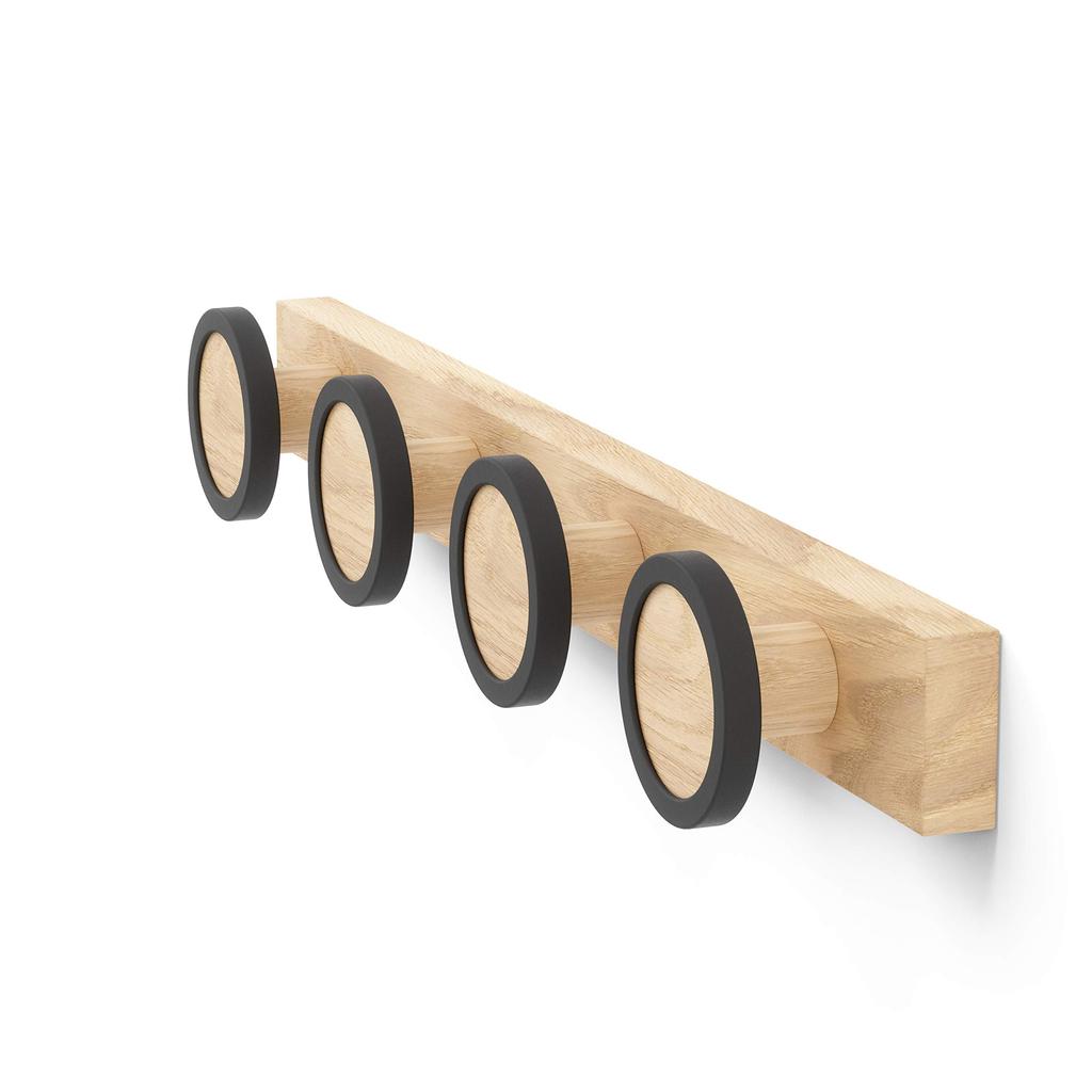 Umbra Wall Hook Rail with 4 Storage for and Black and Natural 50 X 6 X 7 Cm Hooks, Towels, Hats, Bags, Entryway, Bedroom, HUB, Wood, 21016843045,